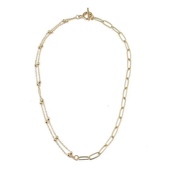 Brass Cable Chain Necklace, with Brass Round Beads and 304 Stainless Steel Toggle Clasps
