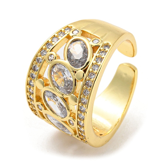 Brass Micro Pave Cubic Zirconia Open Cuff Ring, Cadmium Free & Lead Free, Oval