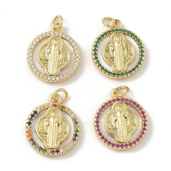 Латунь микропаве фианиты с подвесками-ракушками, плоские круглые с святым Бенедиктом, долговечный, без свинца и без кадмия, стойки покрытие, с целью перехода в кольце, реальный 18 k позолоченный