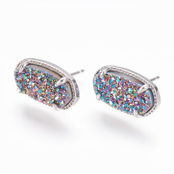 Natural Druzy Agate Stud Earrings, with Real Platinum Plated Brass Findings, Oval, Dyed