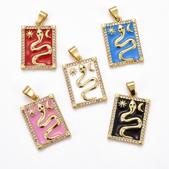 Brass Micro Pave Clear Cubic Zirconia Pendants, with Enamel, Long-Lasting Plated, Real 18K Gold Plated, Rectangle with Snake