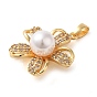 Brass Micro Pave Clear Cubic Zirconia with Plastic Pearl Pendants, Flower Charms