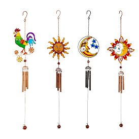 Rooster/Sun/Moon Vintage Metal Enamel Wind Chime, with Aluminum Tube, Hanging Ornaments