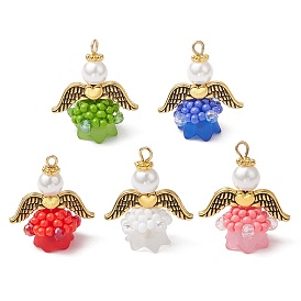 Подвески-ангелы из стеклянных бисеров, с акриловыми бусинами, крыльями из сплава и петлей из нержавеющей стали