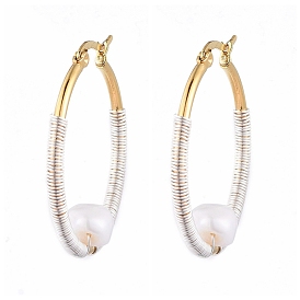 Wire Wrapped 304 Stainless Steel Big Hoop Earrings, with Natural Baroque Pearl Keshi Pearl Beads, Ring Shape