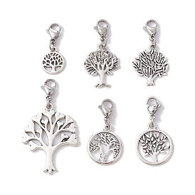 6Pcs Tree of Life Alloy Pendants Decorations, with Lobster Claw Clasps