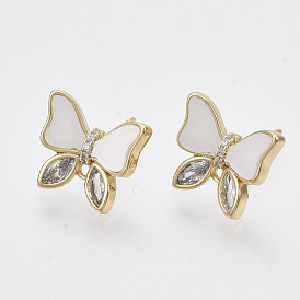 Brass Micro Pave Clear Cubic Zirconia Stud Earring Findings, with Enamel and Loop, Nickel Free, Butterfly