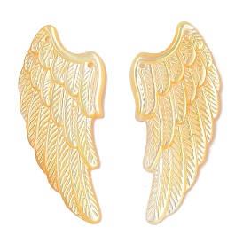 Natural Yellow Shell Carved Pendants, Angel Wing Charms, 2-Hole