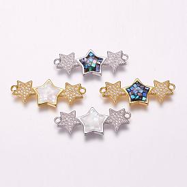Brass Micro Pave Cubic Zirconia Links, with Freshwater Shell, Star