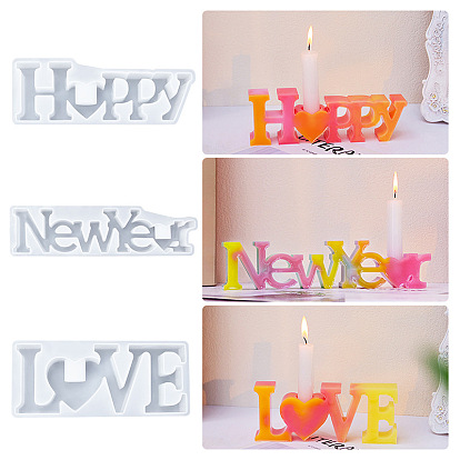 Moules en silicone pour bougeoir, mot amour/bonne année/nouvel an, bricolage, moules à chandelier, moules de coulée de ciment en plâtre de résine