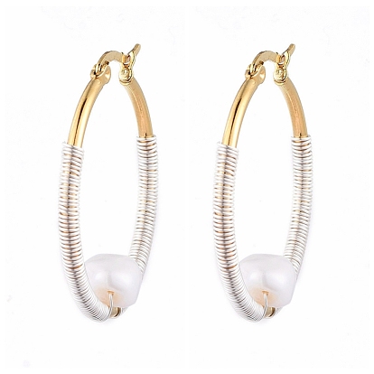 Wire Wrapped 304 Stainless Steel Big Hoop Earrings, with Natural Baroque Pearl Keshi Pearl Beads, Ring Shape