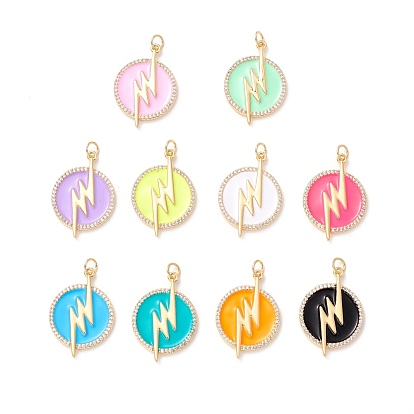 Латунные микропаве прозрачные подвески с фианитом, с эмалью и кольцом для прыжков, реальный 18 k позолоченный, без свинца, без кадмии и без никеля, плоские круглые с молнией