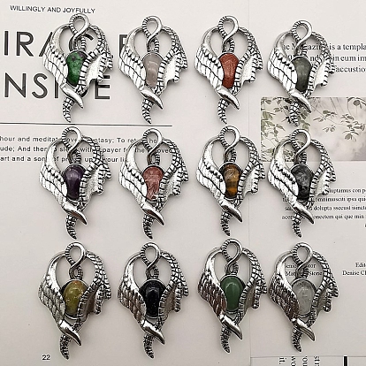 Natural & Synthetic Mixed Gemstone Pendants, with Antique Silver Zinc Alloy Finding, Wing Charms