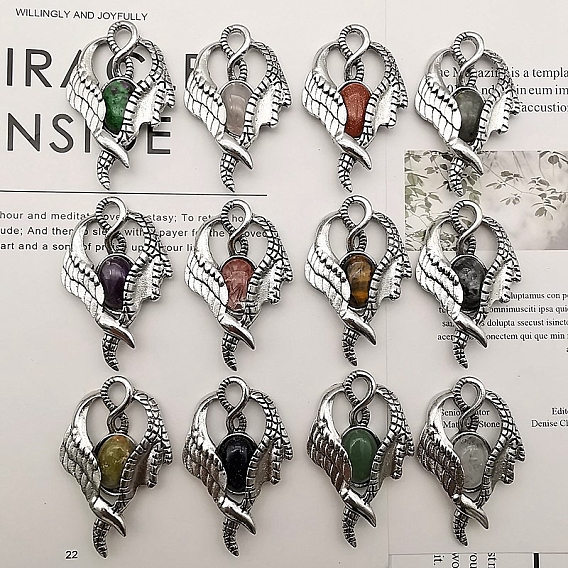 Natural & Synthetic Mixed Gemstone Pendants, with Antique Silver Zinc Alloy Finding, Wing Charms