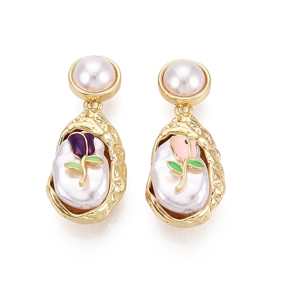 Латунь эмаль подвески, подвески в виде слезинок и цветов, с ABS имитации жемчуга, реальный 18 k позолоченный