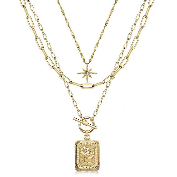 Латунные микро-паве прозрачные кубические цирконии 3 многослойные звезды и прямоугольники с подвесками в виде розы для женщин