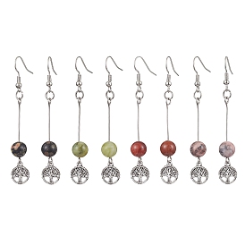 4 Pairs Natural Gemstone Round Beaded Dangle Earrings, Alloy Tree of Life Earrings for Women