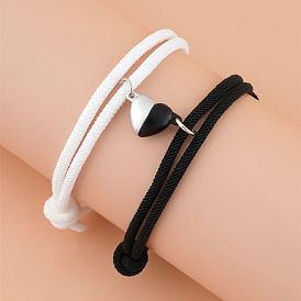 Fashionable Black and White Magnetic Heart Bracelet for Couples and Best Friends, Adjustable Length.