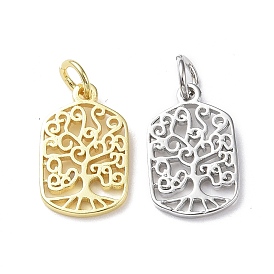 Rack Plating Brass Pendants, with Jump Ring, Lead Free & Cadmium Free, Hollow, Rectangle with Tree of Life Charm