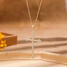 Clear Cubic Zirconia Stylish Cross Pendant Necklaces, Stainless Steel Jewelry for Women