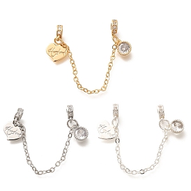 Латунные цепочки безопасности европейского образца с прозрачными кубическими циркониями и подвесками в виде сердечек., без кадмия, без никеля и без свинца, для изготовления европейских браслетов