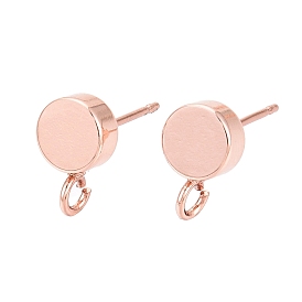 Brass Stud Earring Findings, with Loop, Flat Round, Real Rose Gold Plated