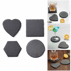 Natural Black Stone Cup Mat, Rough Edge Coaster, with Sponge Pad, Mixed Shapes