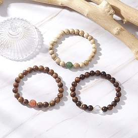Женские браслеты из натурального дерева и круглых бусин с драгоценными камнями
