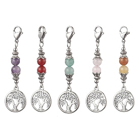 Alloy Flat Round with Tree of Life Pendant Decoration, Natural Round Gemstone Beads & Lobster Claw Clasps for Backpack Keychain Ornaments