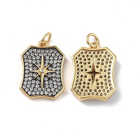 Brass Micro Pave Clear Cubic Zirconia Pendants, with Jump Ring, Rectangle with Star Charm