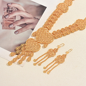 Luxury Vintage Alloy Heart Hollow Tassel Earrings & Necklaces Set for Women Wedding Party Dress