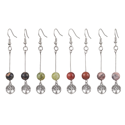 4 Pairs Natural Gemstone Round Beaded Dangle Earrings, Alloy Tree of Life Earrings for Women
