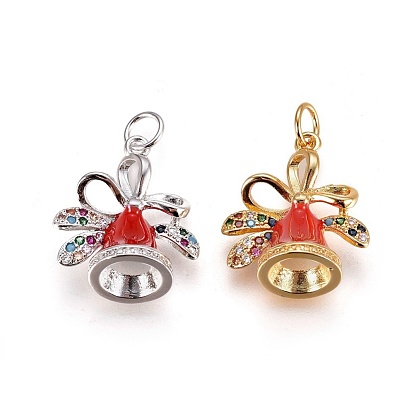 Brass Micro Pave Cubic Zirconia Pendants, with Enamel and Jump Ring, Christmas Bell, Red