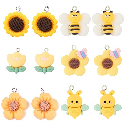 12 шт 6 стили подвески из непрозрачной смолы, амулеты цветы и пчелы, с платиновыми тоновыми железными петлями
