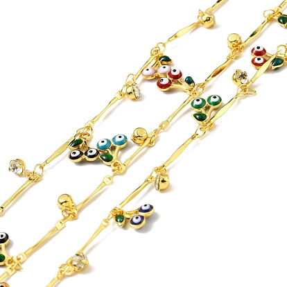 Handmade Brass Bar Link Chain, with Enamel Cherry with Evil Eye & Rhinestone Charm, Long-Lasting Plated, Soldered, with Spool