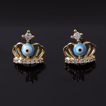Crown Devil Eye Earrings with Turkish Ear Studs and Copper Plated Gold Micro-inlaid Zirconia Stones
