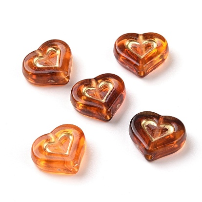 Acrylic Beads, Imitation Amber, Golden Metal Enlaced, Heart