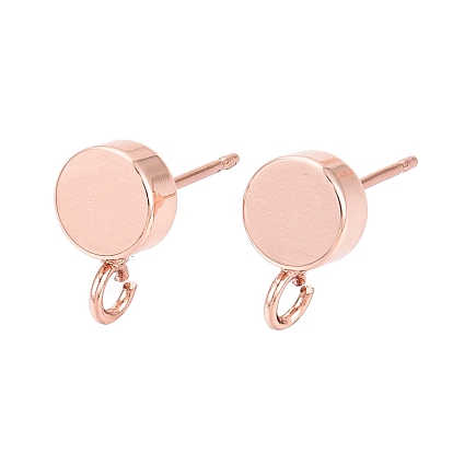 Brass Stud Earring Findings, with Loop, Flat Round, Real Rose Gold Plated