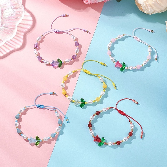 Браслеты из натурального желтого нефрита и пластиковой имитации жемчуга, сплетенные в плетение, для женщин., цветок, с оплеткой нейлоновой нити