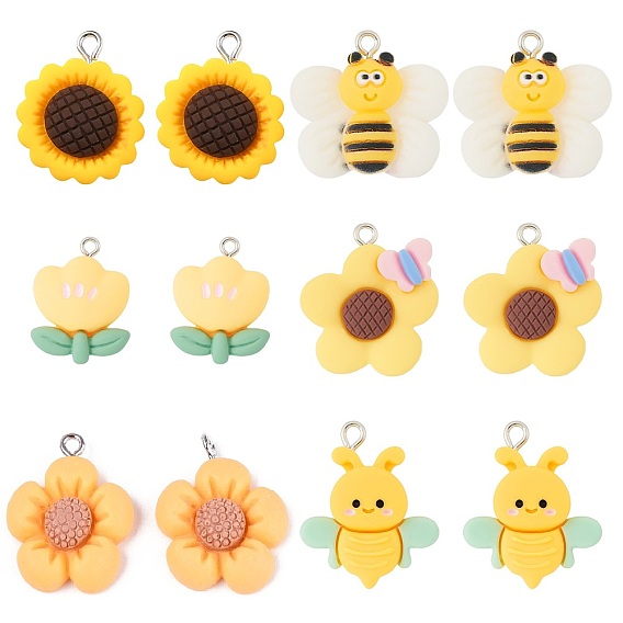 12 шт 6 стили подвески из непрозрачной смолы, амулеты цветы и пчелы, с платиновыми тоновыми железными петлями