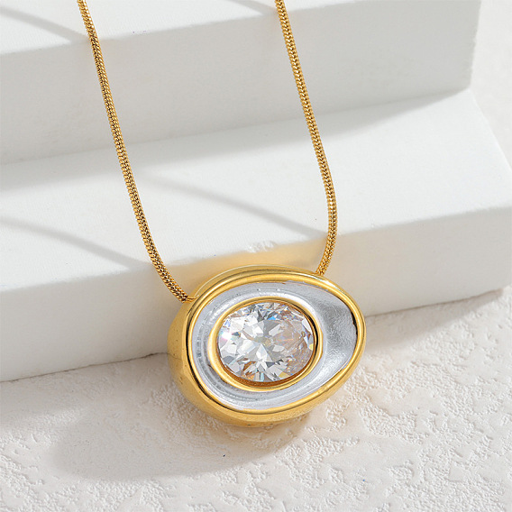 304 Подвеска-колье из нержавеющей стали с инкрустацией кубическим цирконием и эмалью в форме половинки яйца, белые