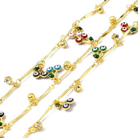 Handmade Brass Bar Link Chain, with Enamel Cherry with Evil Eye & Rhinestone Charm, Long-Lasting Plated, Soldered, with Spool
