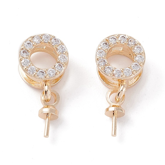Rack Plating Brass Micro Pave Cubic Zirconia Peg Bails Pendants, Long-Lasting Plated, For Half Drilled Beads, Round Ring