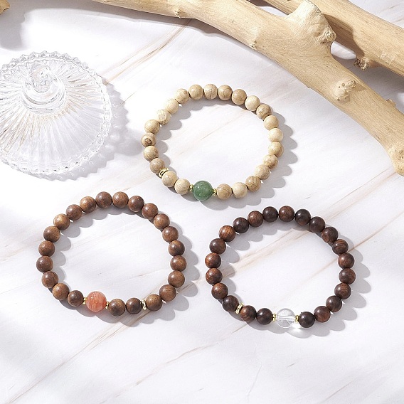 Женские браслеты из натурального дерева и круглых бусин с драгоценными камнями