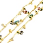 Handmade Brass Bar Link Chain, with Enamel Cherry with Evil Eye & Rhinestone Charm, Long-Lasting Plated, Soldered, with Spool