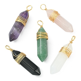 Natural Mixed Gemstone Copper Wire Wrapped Pointed Pendants, Faceted Bullet Charms, Real 18K Gold Plated
