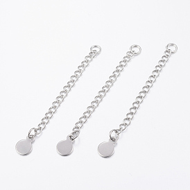 304 Stainless Steel Chain Extender, Curb Chains, with Flat Round Charms