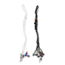 12Pcs Wing Braided Nylon Cord Macrame Pouch Pendant Decorations, Tumbled Gemstone Beaded Hanging Ornament, Interchangeable Stone, with Dyed Natural Wood Beads