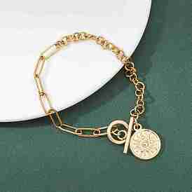 Плоские круглые браслеты с солнцем 201 из нержавеющей стали с подвесками, 304 Браслеты-цепочки из нержавеющей стали с застежкой-скрепкой для женщин