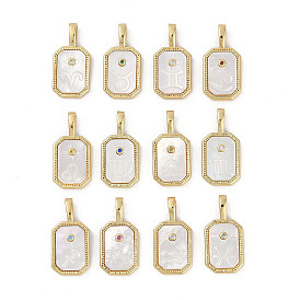 Rack Plating Brass Micro Pave Cubic Zirconia Pendants, with Shell, Long-Lasting Plated, Lead Free & Cadmium Free, Real 18K Gold Plated, Sheild with Twelve Constellations